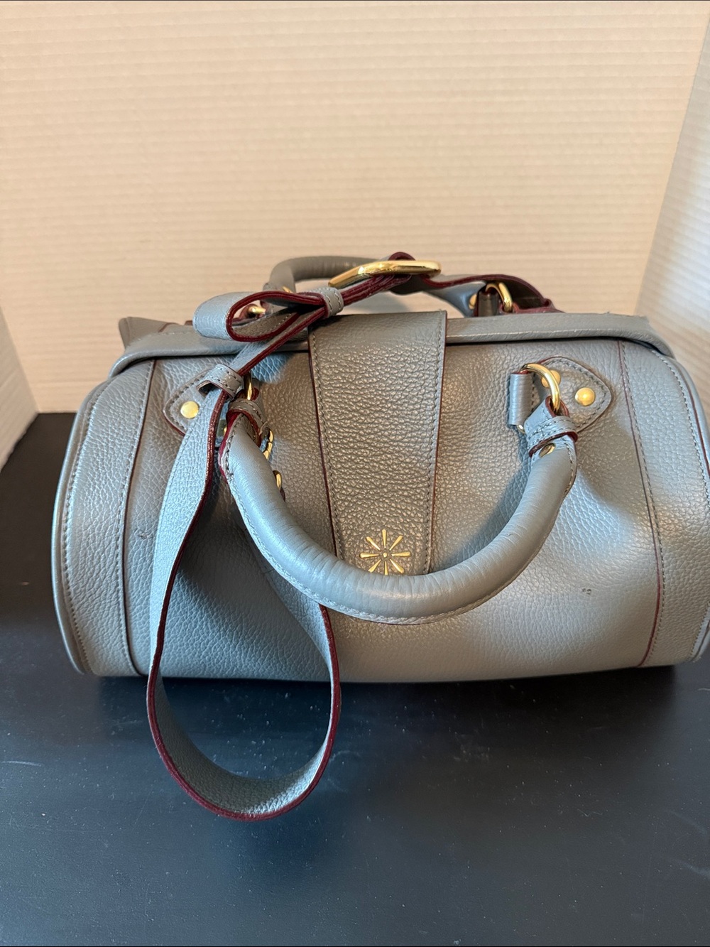 Isaac Mizrahi Gray Leather Dome Satchel with Burgundy Trim and Gold Hardware